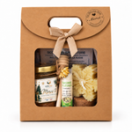 Coffret cadeau de Noël pour clients avec pot de miel artisanal personnalisable au logo et aux couleurs de l'entreprise, message de fidélité, bougie flocon et baume à lèvres artisanal.
