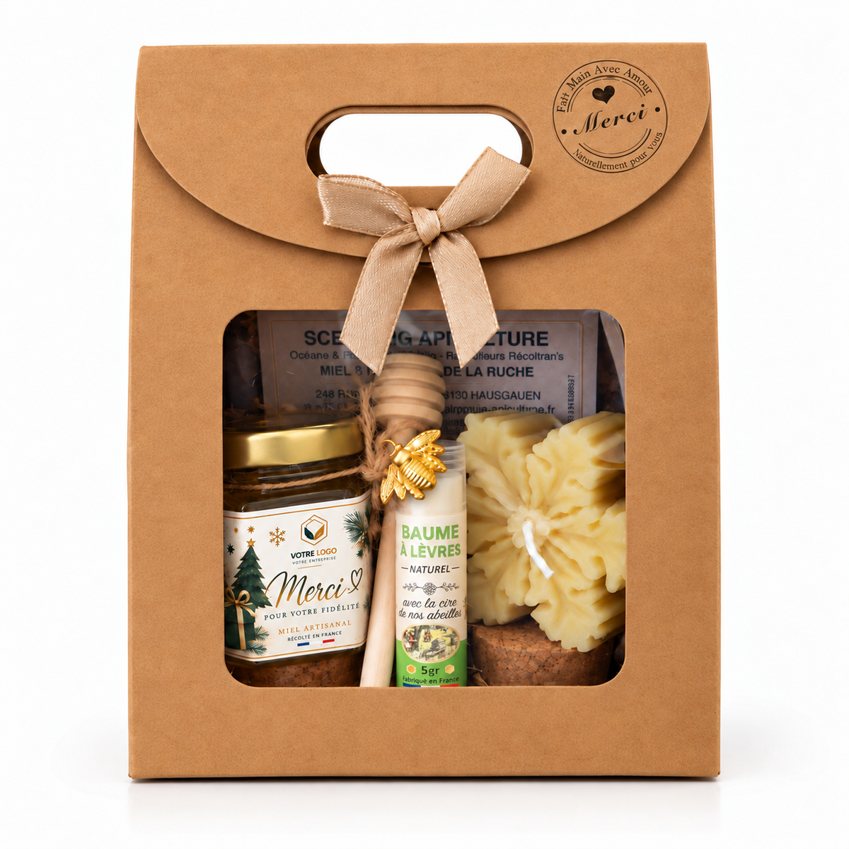 Coffret cadeau de Noël pour clients avec pot de miel artisanal personnalisable au logo et aux couleurs de l'entreprise, message de fidélité, bougie flocon et baume à lèvres artisanal.