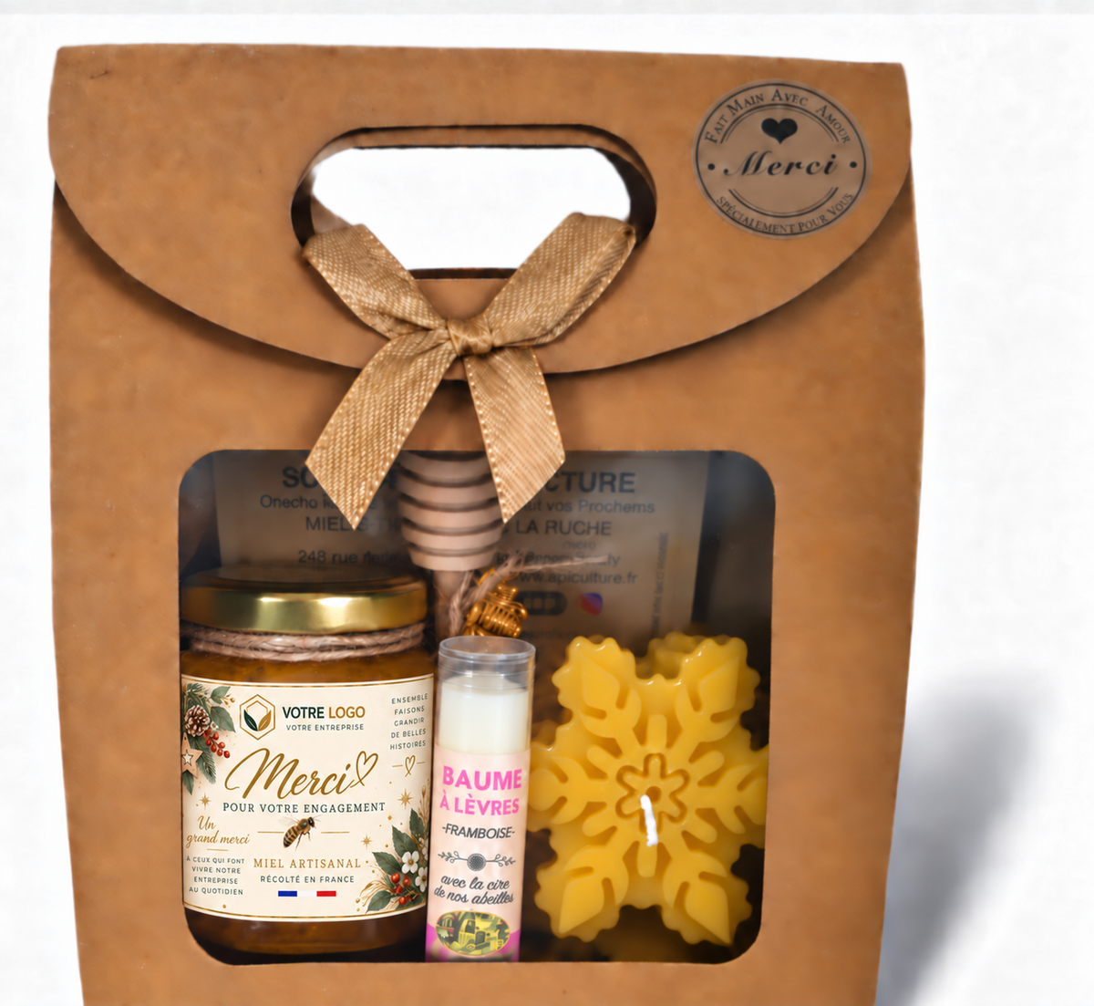 - Coffret cadeau collaborateur entreprise avec miel artisanal, bougie flocon en cire d’abeille et baume à lèvres