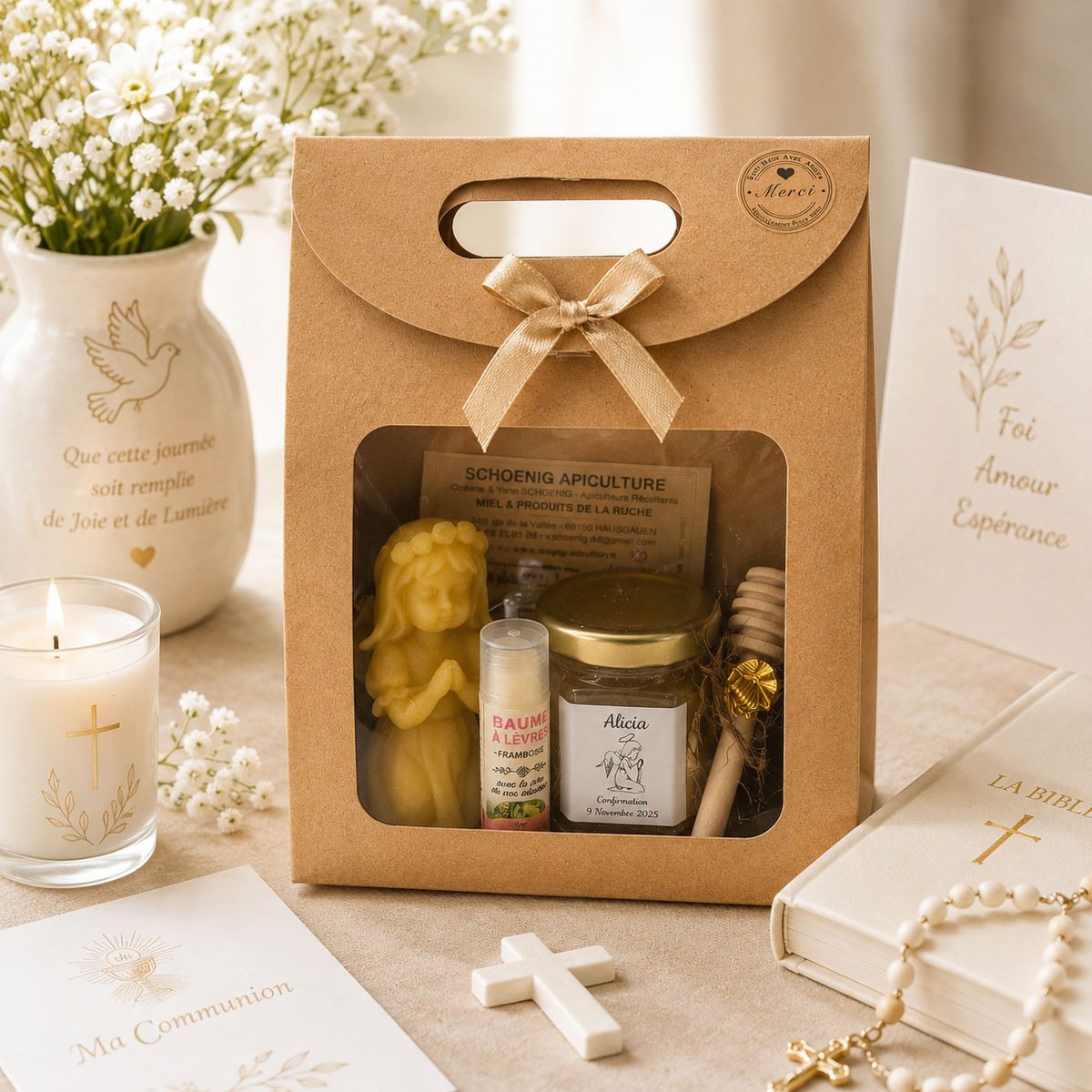 Coffret cadeau communion personnalisé avec miel artisanal, baume à lèvres, bougie en cire d'abeille et étiquette personnalisée, présenté dans une décoration élégante de communion.