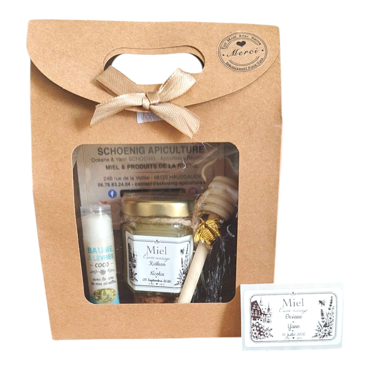 Coffret cadeau personnalisé sur mesure avec mini pot de miel artisanal, baume à lèvres à la cire d'abeille, cuillère à miel en bois et étiquette personnalisée pour mariage, baptême, communion, anniversaire ou tout autre événement.