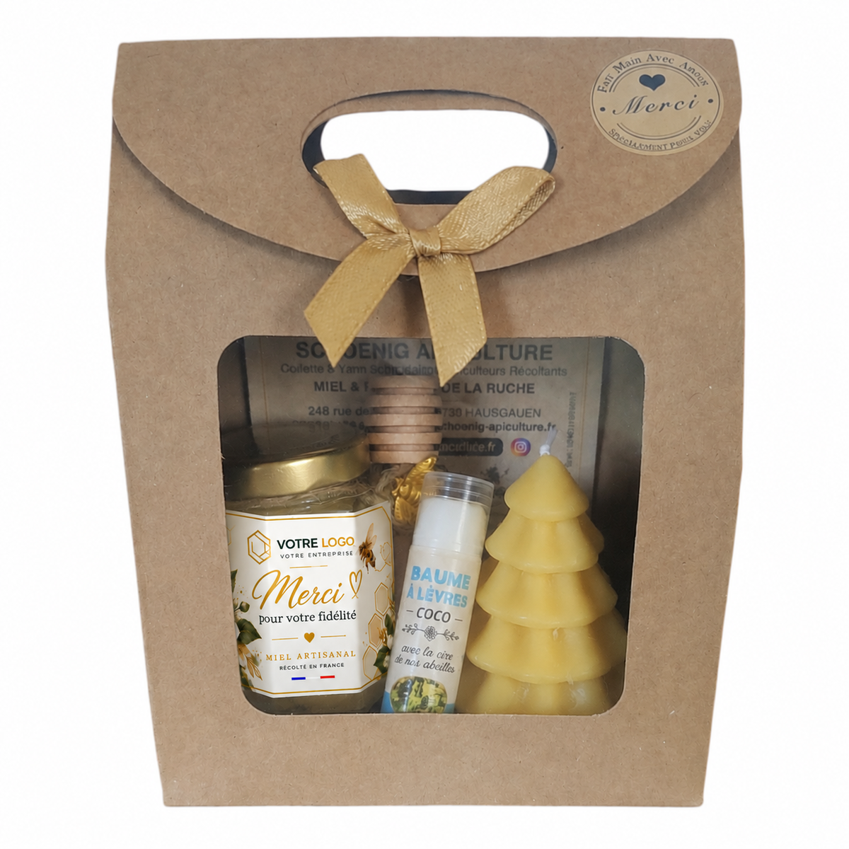 Coffret cadeau entreprise client personnalisé avec pot de miel artisanal français, bougie sapin en cire d'abeille et baume à lèvres naturel
