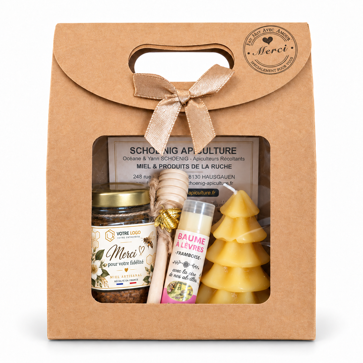 Coffret cadeau entreprise client personnalisé avec pot de miel artisanal français, bougie sapin en cire d'abeille et baume à lèvres naturel