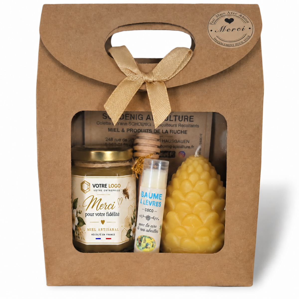 Coffret cadeau entreprise personnalisé avec pot de miel artisanal, baume à lèvres et bougie en cire d'abeille pour remercier les clients