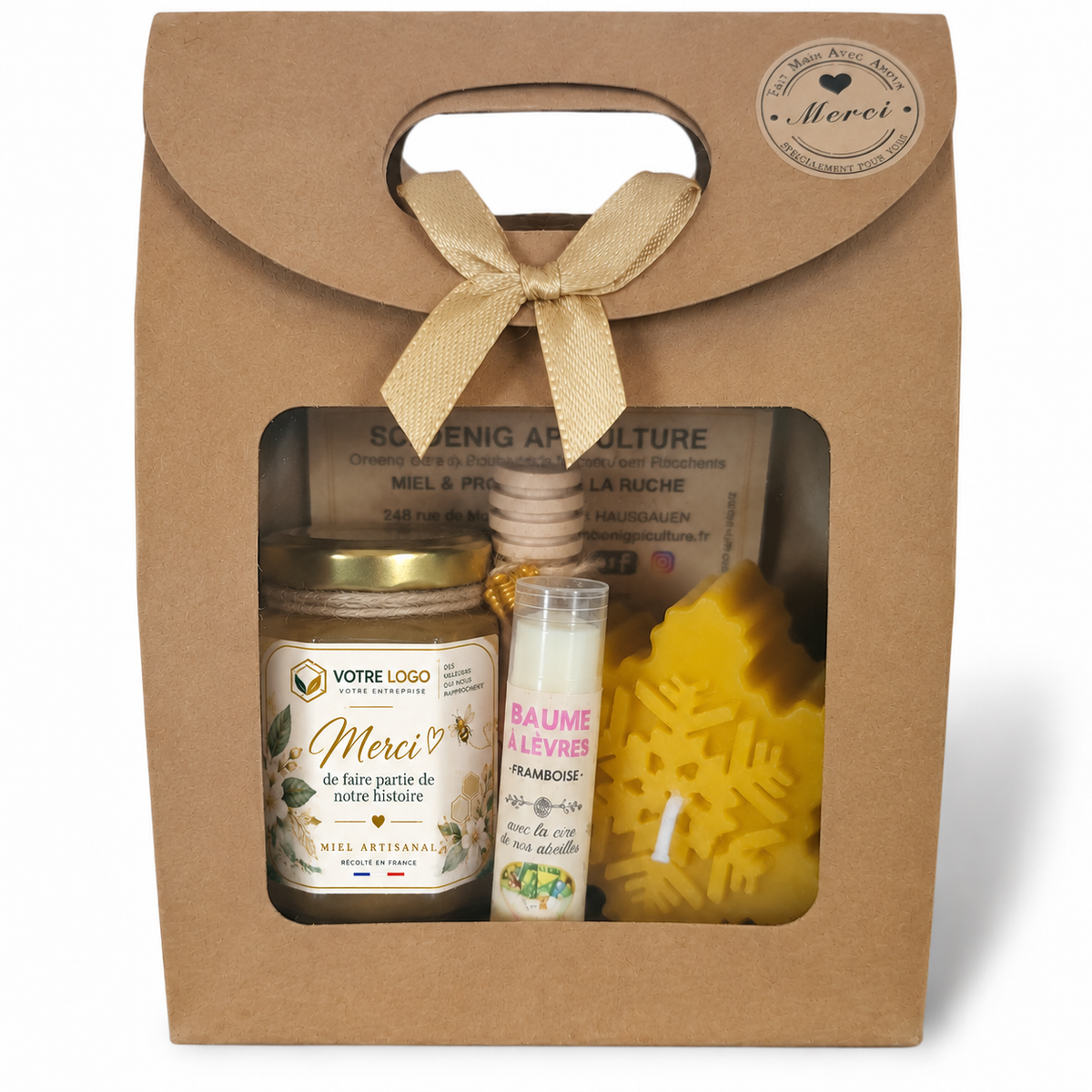 Coffret cadeau entreprise client avec miel artisanal personnalisé, bougie en cire d’abeille flocon de Noël et baume à lèvres naturel