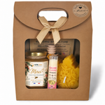 Coffret cadeau entreprise personnalisé avec miel artisanal, baume à lèvres framboise et bougie en cire d’abeille