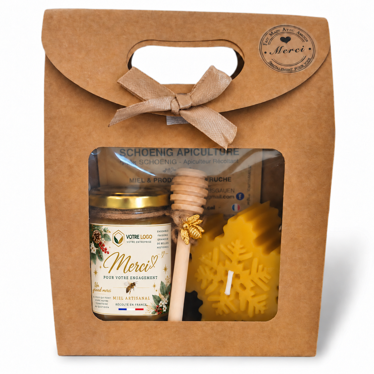 Coffret cadeau d’entreprise personnalisé avec pot de miel artisanal français, étiquette de remerciement pour la fidélité, cuillère à miel et bougie flocon en cire d’abeille, dans un emballage kraft.