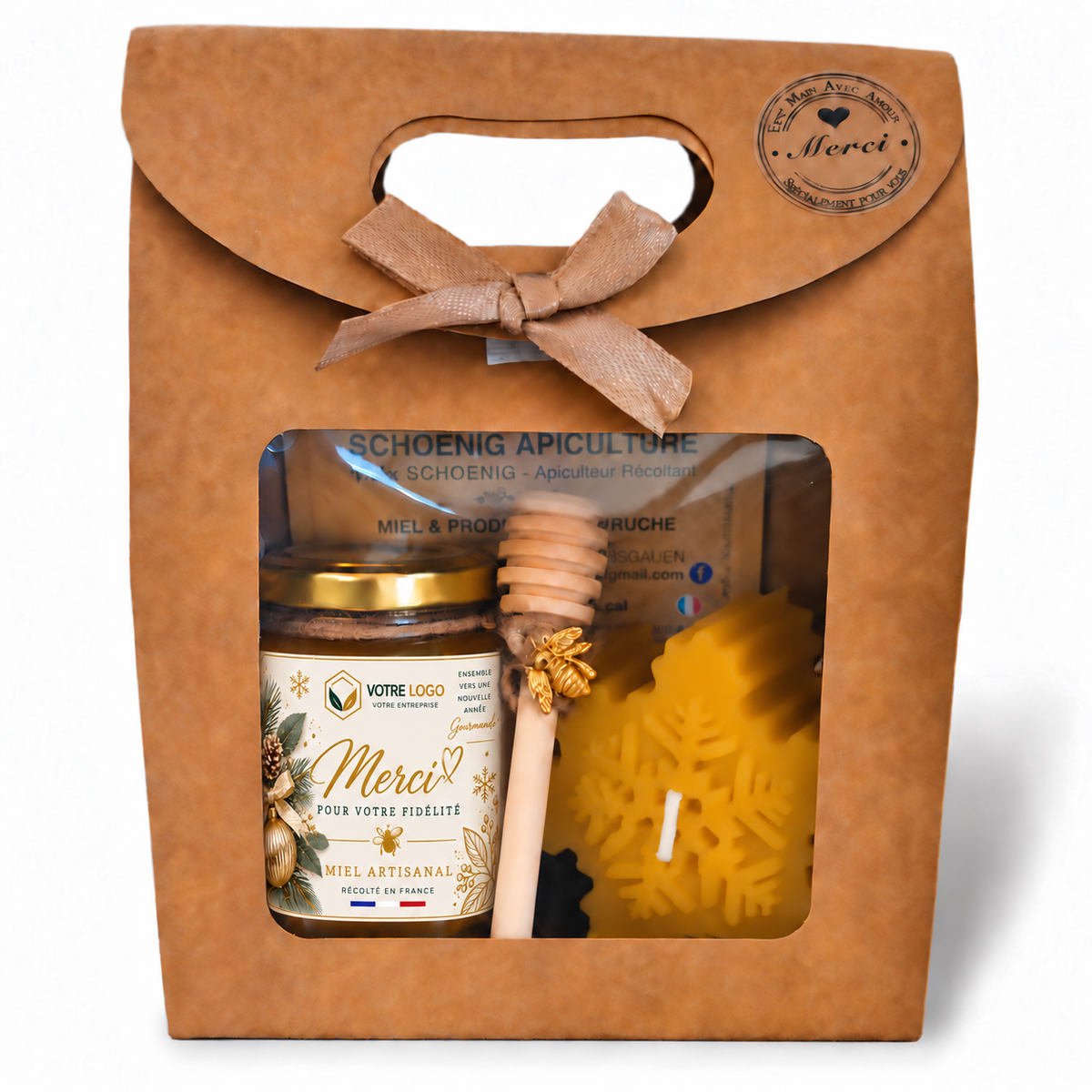 Coffret cadeau entreprise personnalisé avec pot de miel artisanal français, étiquette Merci pour votre fidélité, bougie flocon et cuillère à miel.