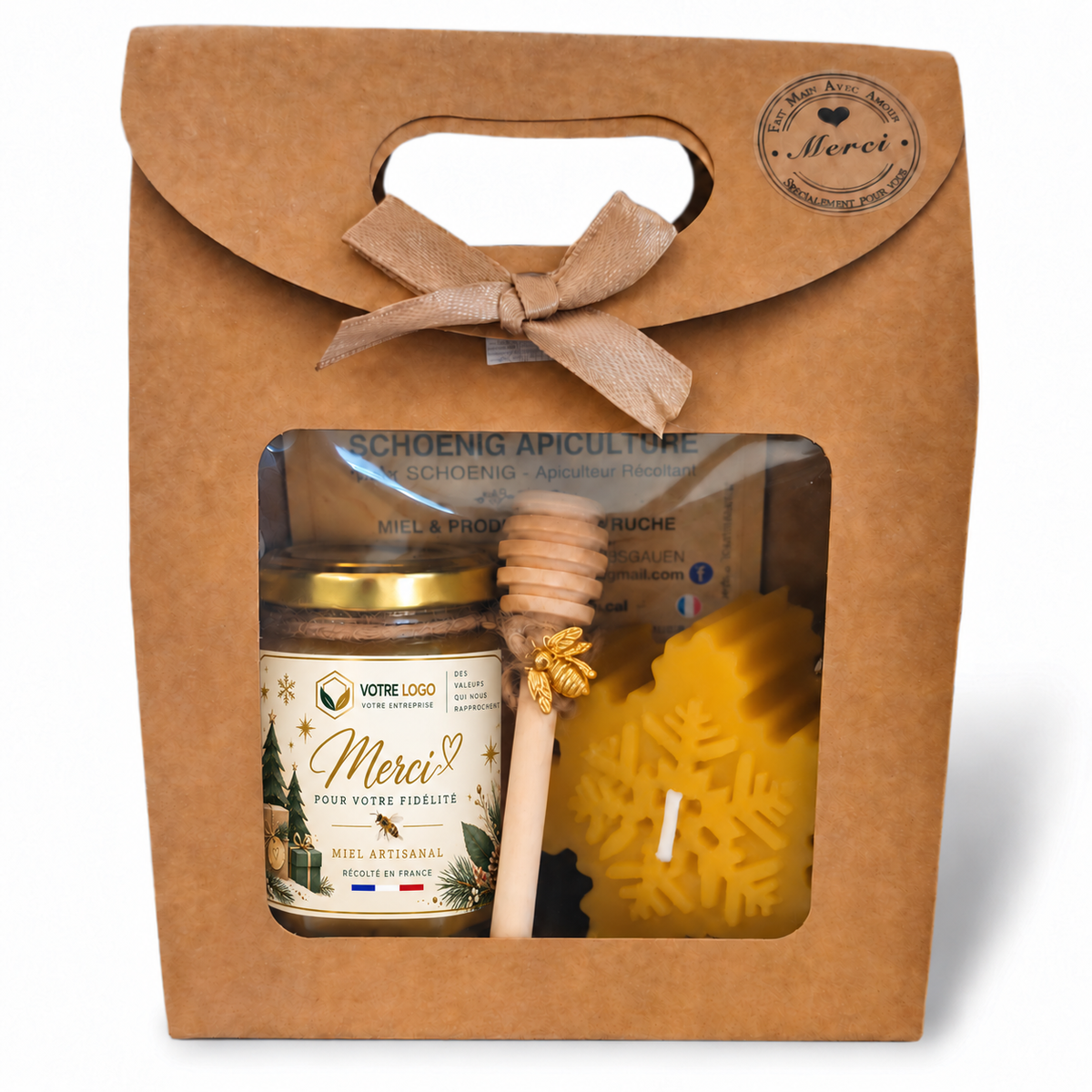 Coffret cadeau entreprise personnalisé avec pot de miel artisanal français, bougie flocon, cuillère à miel et emballage kraft.