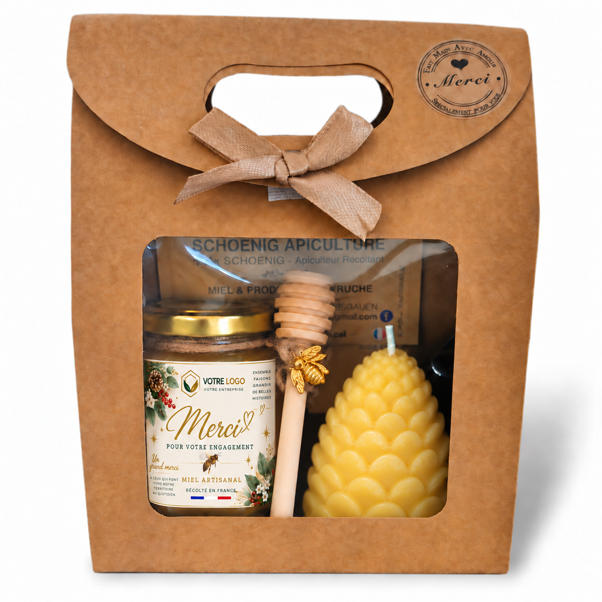 Coffret cadeau entreprise avec miel artisanal français, bougie pomme de pin en cire d’abeille et cuillère à miel, personnalisable avec logo