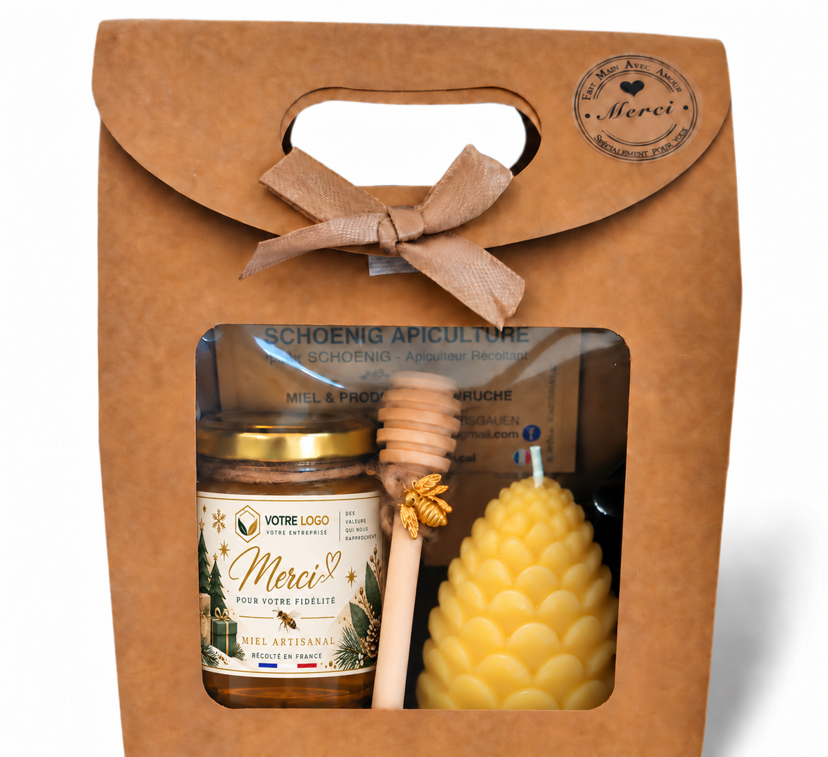 Coffret cadeau entreprise avec pot de miel artisanal personnalisé, bougie pomme de pin, cuillère à miel et emballage kraft.