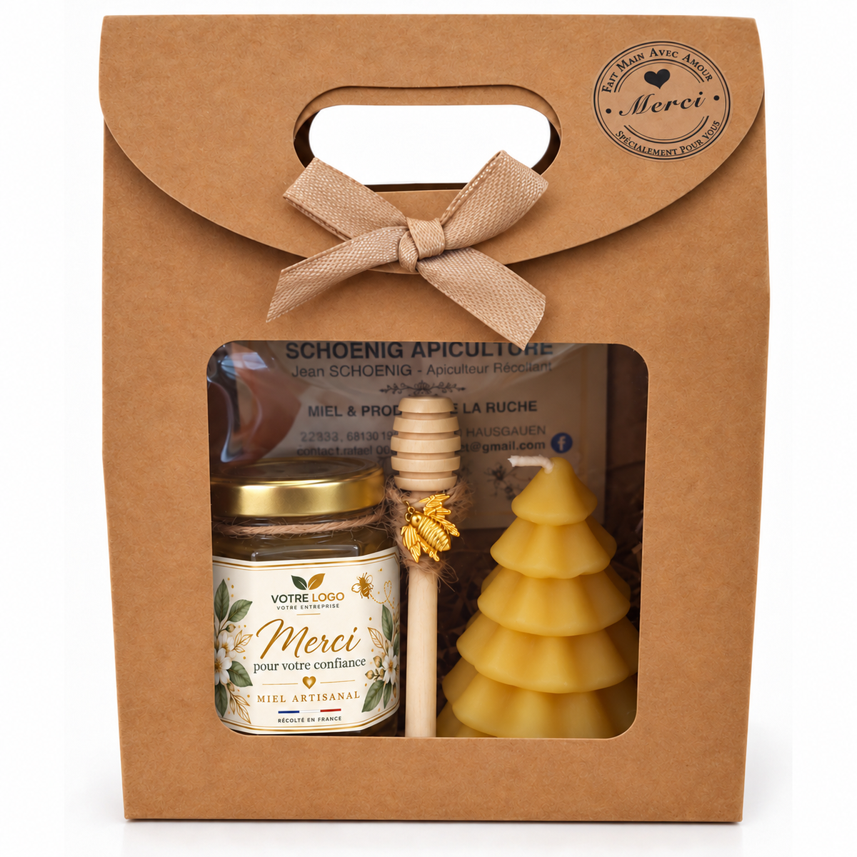 Coffret cadeau client entreprise avec pot de miel personnalisé et bougie sapin en cire d’abeille
