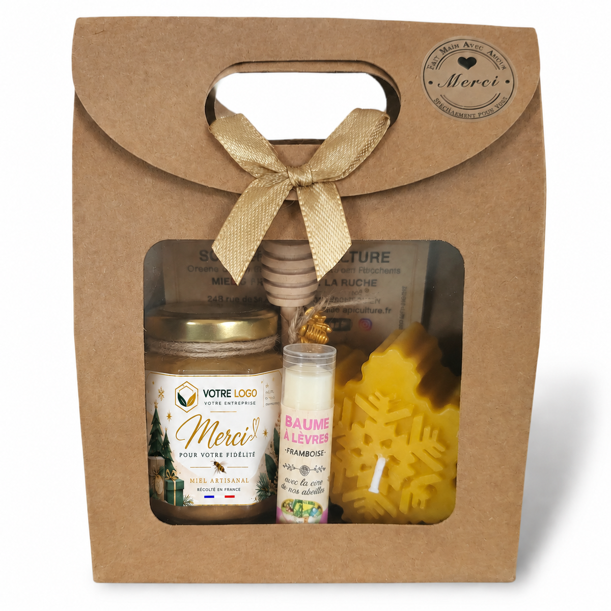 Coffret cadeau entreprise personnalisé avec miel artisanal, baume à lèvres et bougie en cire d'abeille pour clients et CSE
