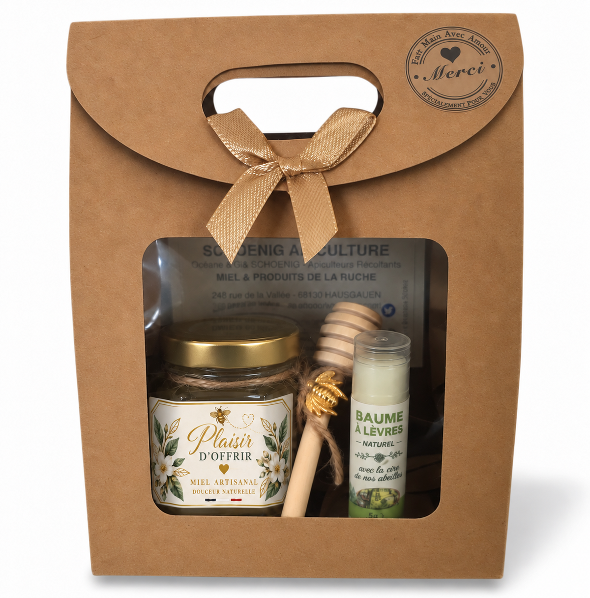 Coffret cadeau entreprise personnalisé avec miel artisanal français, baume à lèvres naturel et cuillère à miel
