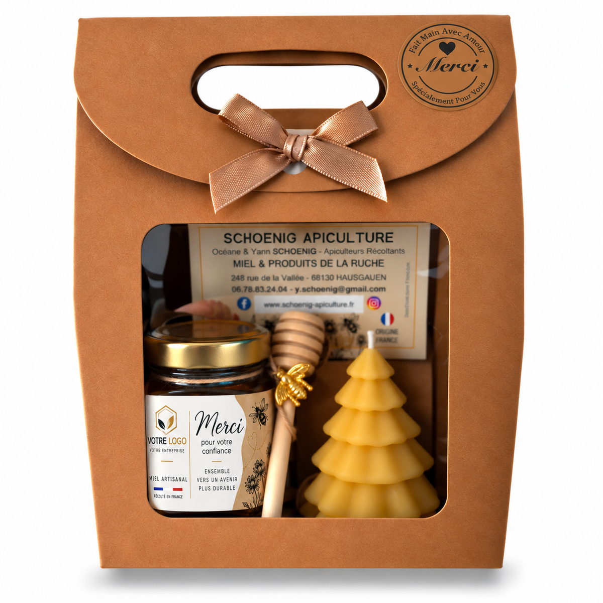 Coffret cadeau clients entreprise avec miel personnalisé et bougie en cire d’abeille