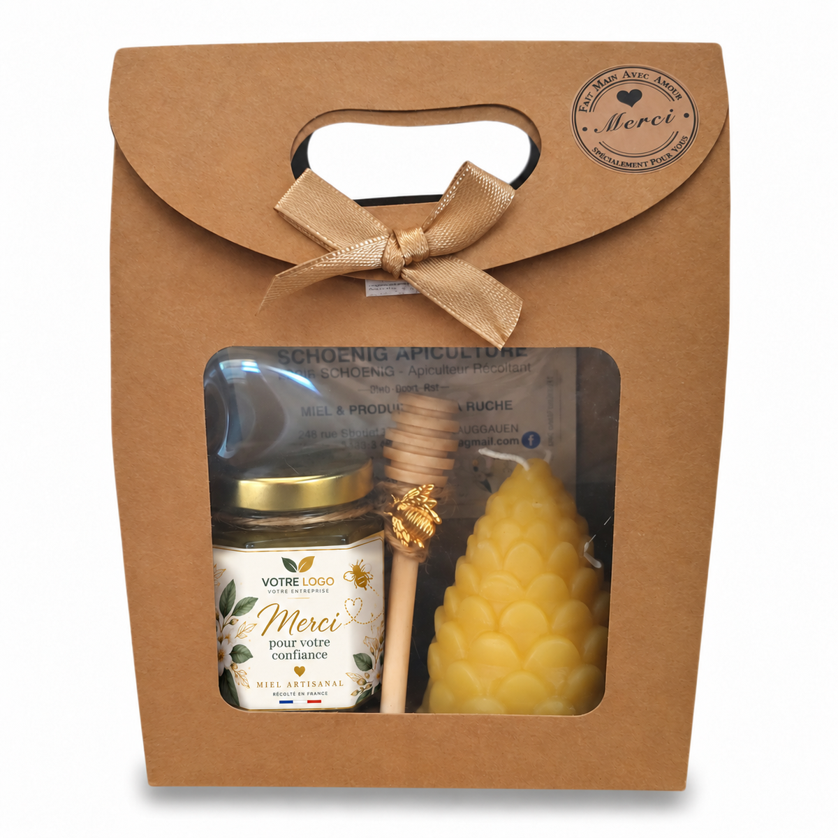 Coffret cadeau entreprise avec miel personnalisé Merci pour votre confiance et bougie pomme de pin en cire d'abeille