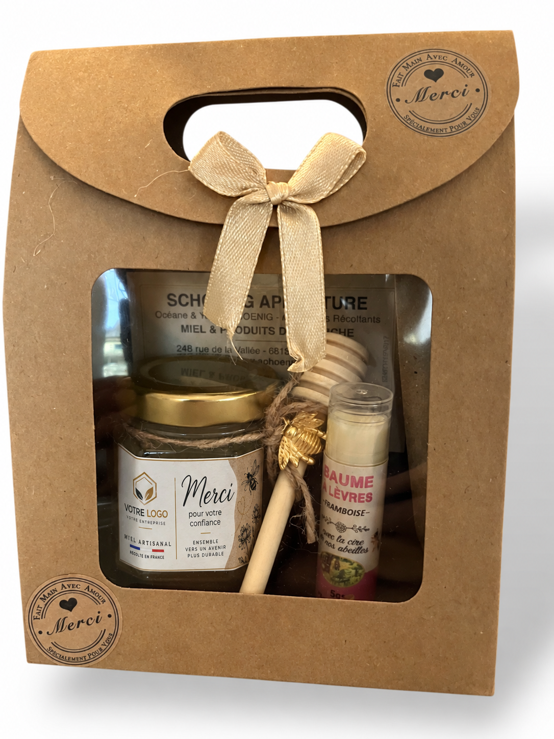 Coffret cadeau entreprise personnalisé avec miel artisanal et étiquette personnalisée pour remercier les clients