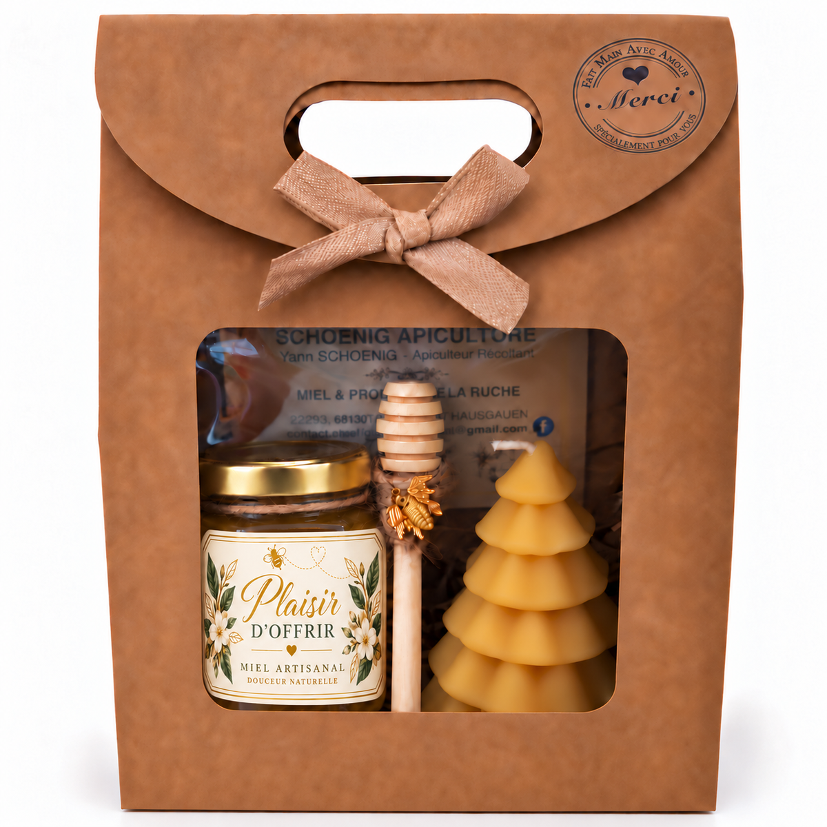Coffret cadeau entreprise avec miel artisanal personnalisé Plaisir d'offrir et bougie sapin de Noël en cire d'abeille