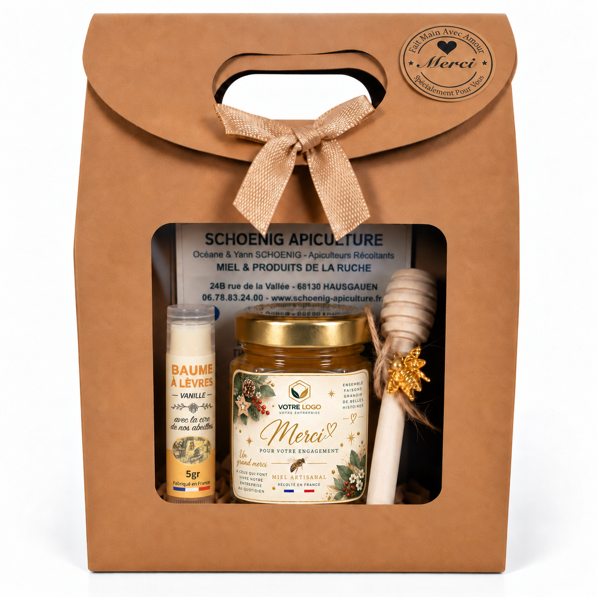 Coffret cadeau entreprise de Noël avec miel artisanal personnalisé et baume à lèvres naturel