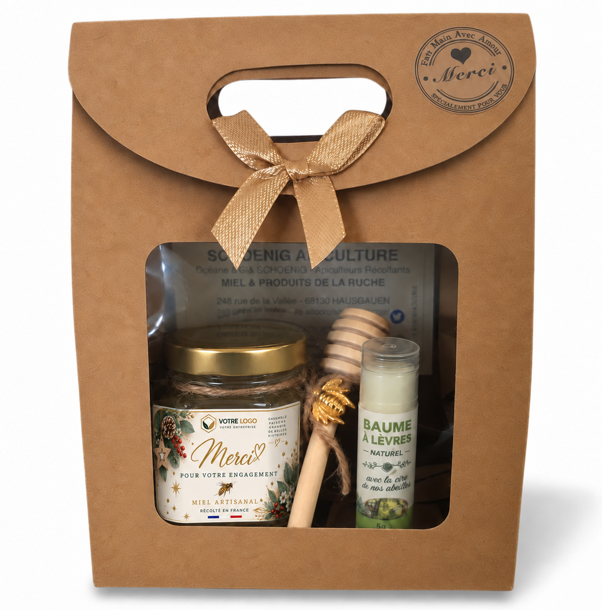 Coffret cadeau entreprise de Noël avec miel artisanal personnalisé et baume à lèvres naturel