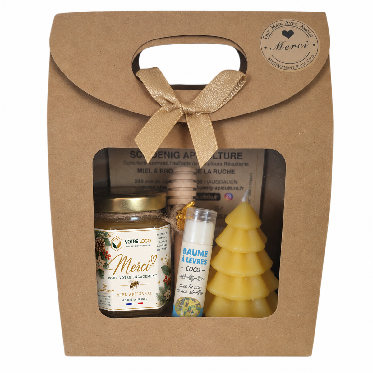 Coffret cadeau entreprise de Noël avec miel artisanal personnalisé, bougie sapin en cire d’abeille et baume à lèvres coco