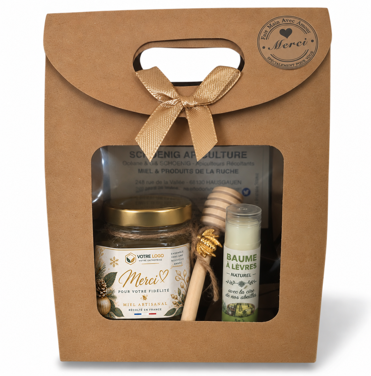 Coffret cadeau entreprise de Noël avec miel artisanal personnalisé et baume à lèvres naturel au miel