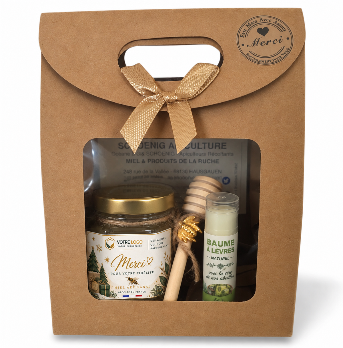 Coffret cadeau entreprise de Noël avec miel artisanal personnalisé pour remercier les clients