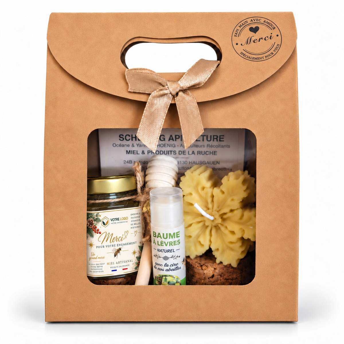 Coffret cadeau entreprise personnalisé avec miel artisanal français, étiquette Merci avec logo, bougie en cire d’abeille et baume à lèvres naturel, idéal pour remercier clients et collaborateurs à Noël.