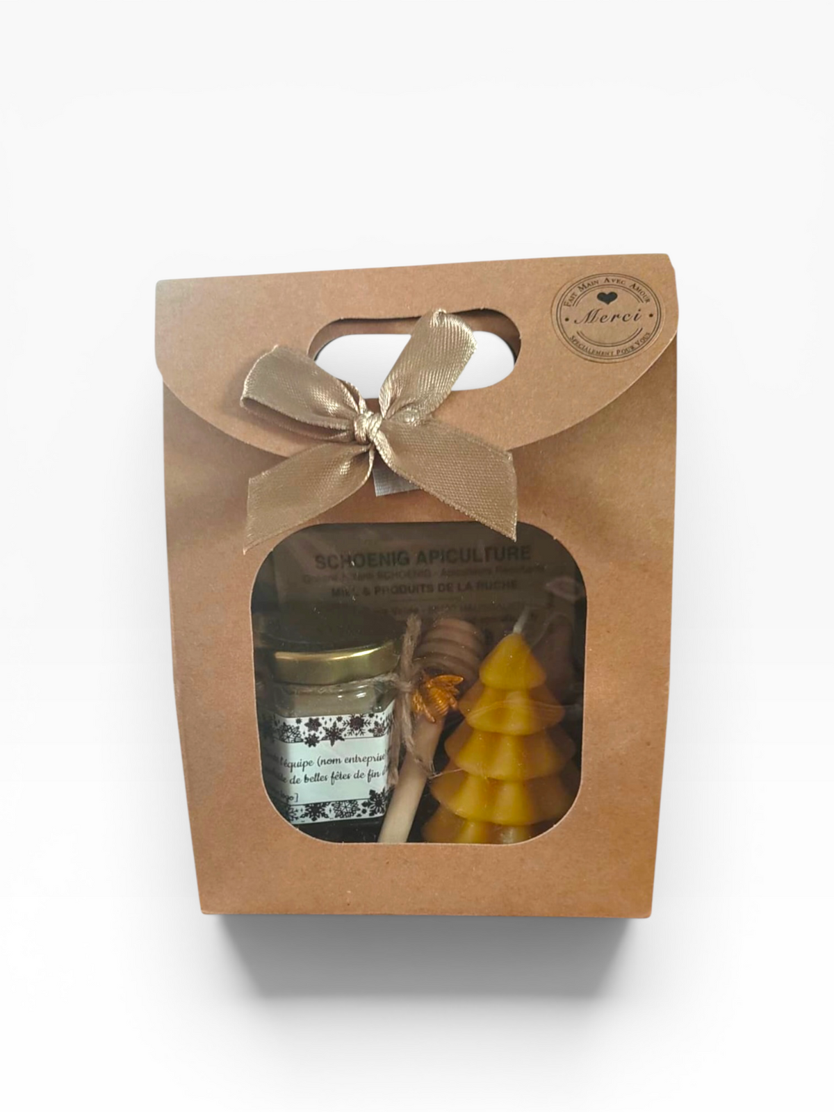 Coffret cadeau entreprise personnalisé avec miel artisanal et bougie de Noël en cire d’abeille pour clients, salariés et CSE