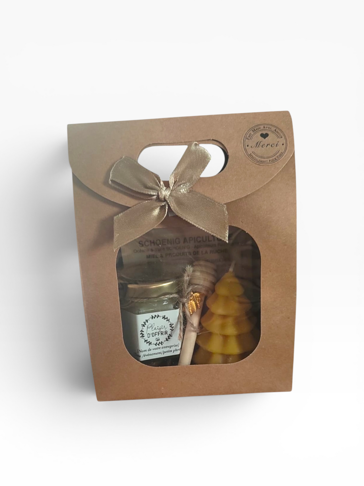 Coffret cadeau entreprise Plaisir d’offrir avec miel personnalisé et bougie sapin de Noël en cire d’abeille