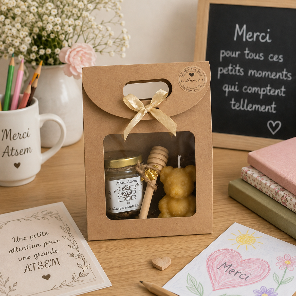 Coffret cadeau de fin d’année pour ATSEM avec pot de miel personnalisé, cuillère à miel en bois et bougie ourson en cire d’abeille, présenté dans une ambiance chaleureuse de salle de classe.