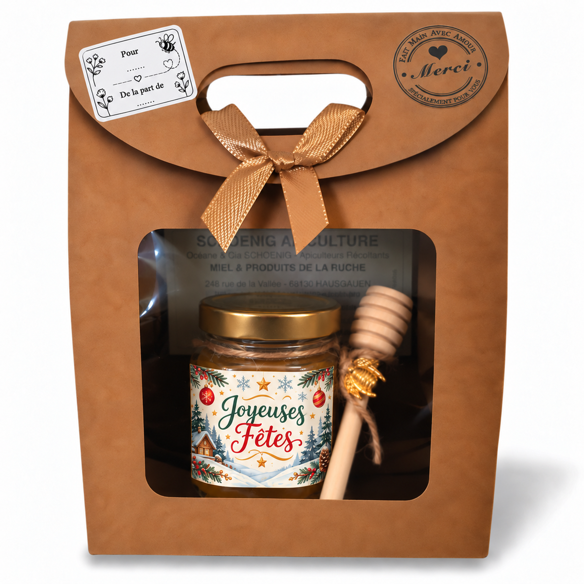 Coffret cadeau fin d’année Joyeuses Fêtes avec miel artisanal et cuillère à miel