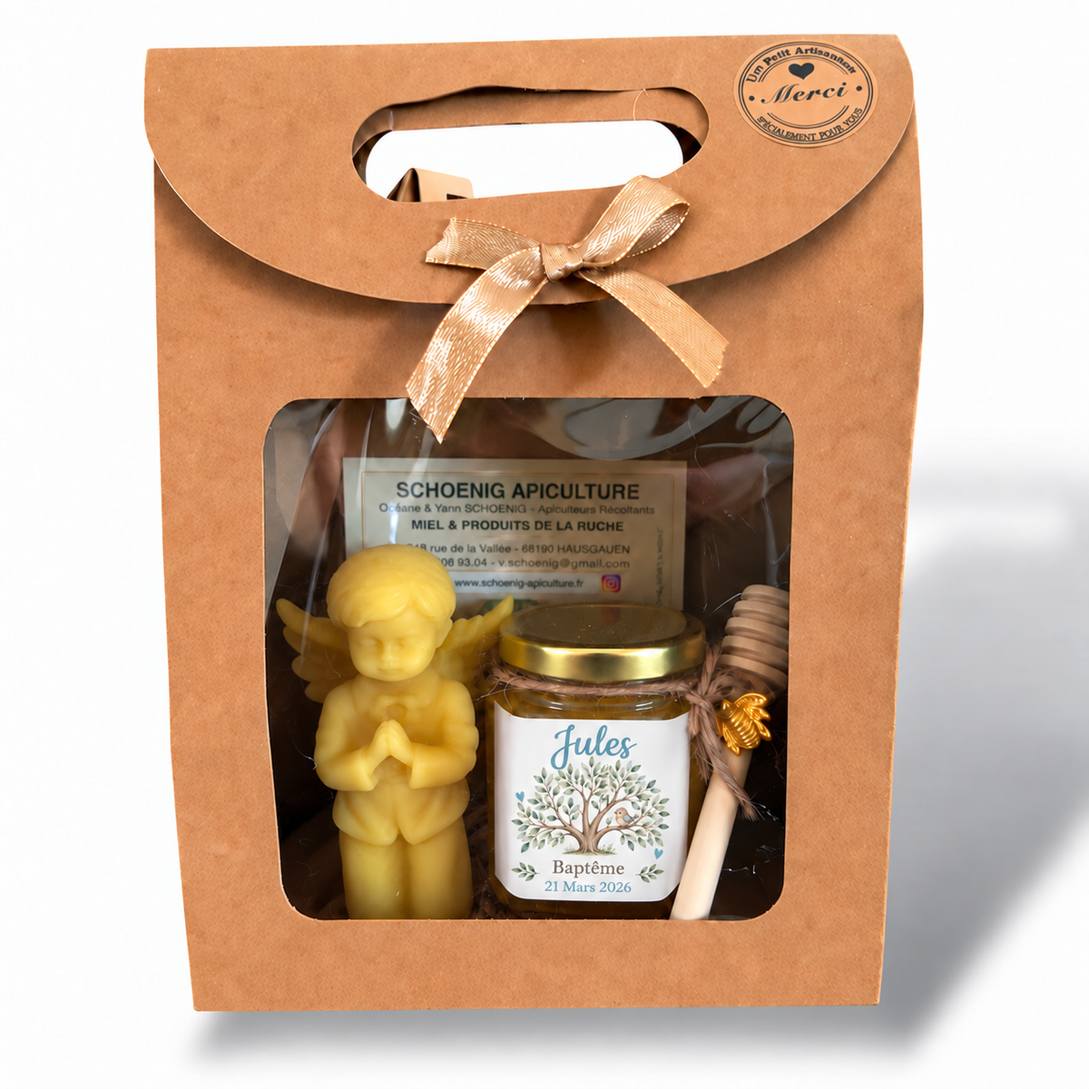 Cadeau invité de baptême garçon avec pot de miel personnalisé, bougie ange et arbre de vie