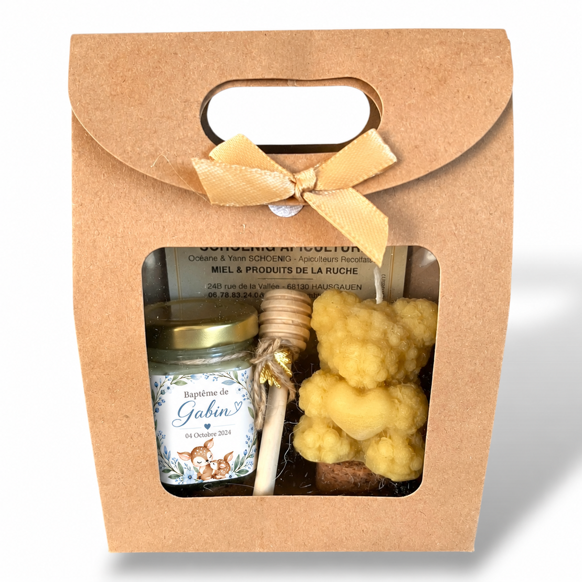 Coffret cadeau invité baptême personnalisé avec pot de miel artisanal, bougie en cire d’abeille et étiquette prénom Gabin