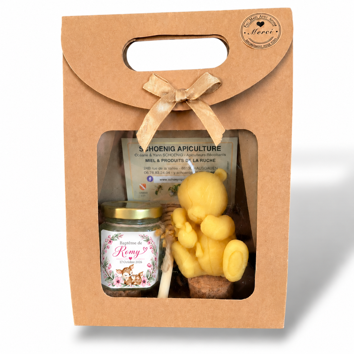 Coffret cadeau invité baptême personnalisé avec pot de miel, bougie en cire d’abeille et breloque abeille dorée