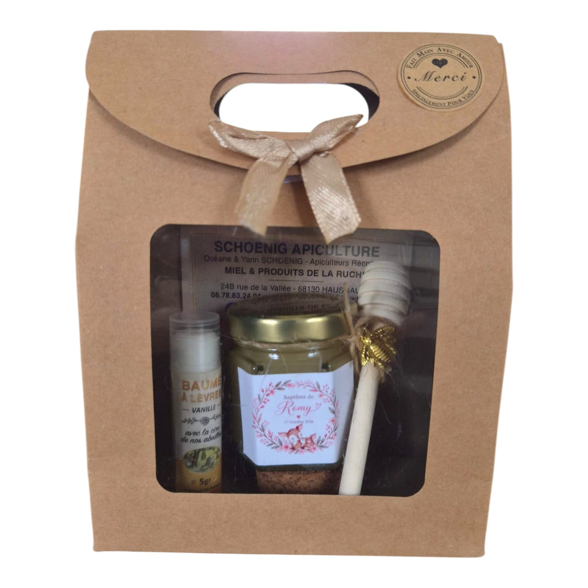 Coffret cadeau invité baptême personnalisé avec mini pot de miel, baume à lèvres artisanal et cuillère en bois par Schoenig Apiculture