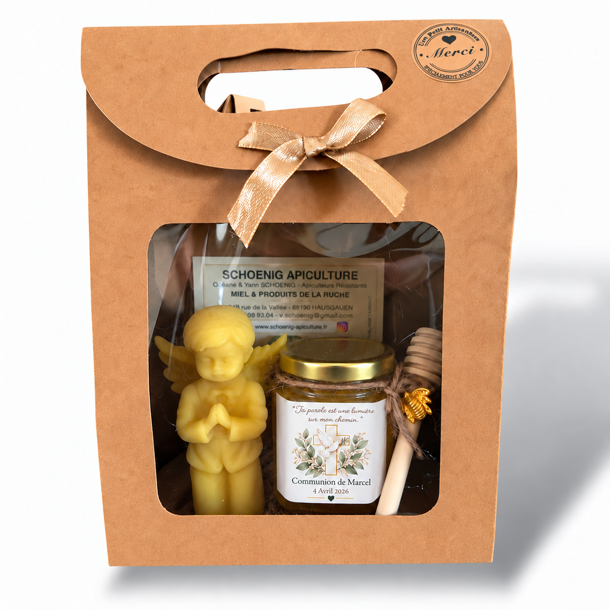 Cadeau invité de première communion avec miel personnalisé, bougie ange et motif croix avec colombe