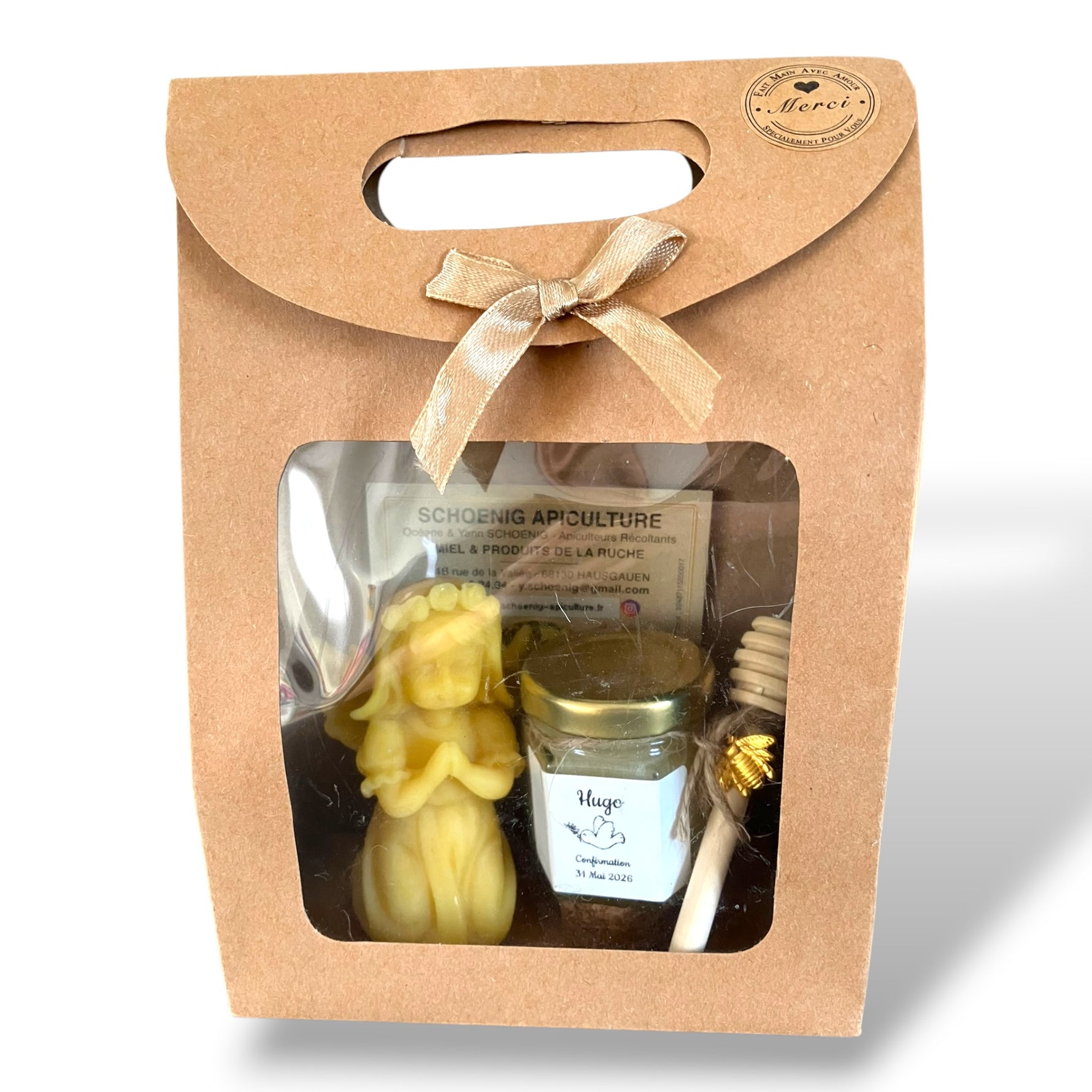 Coffret cadeau invité communion personnalisé Hugo avec miel artisanal et bougie naturelle en cire d’abeille