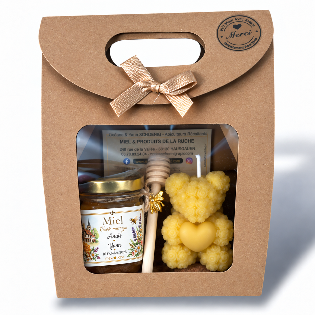 Coffret cadeau mariage personnalisé avec miel artisanal, bougie ourson en cire d’abeille et cuillère en bois