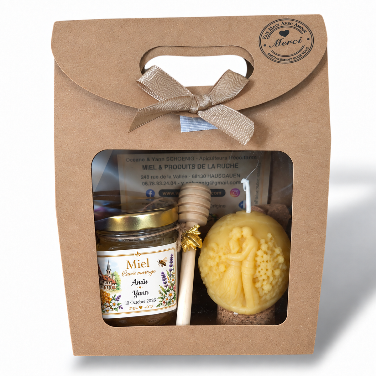 Coffret cadeau invité mariage avec miel personnalisé, bougie en cire d’abeille et cuillère à miel
