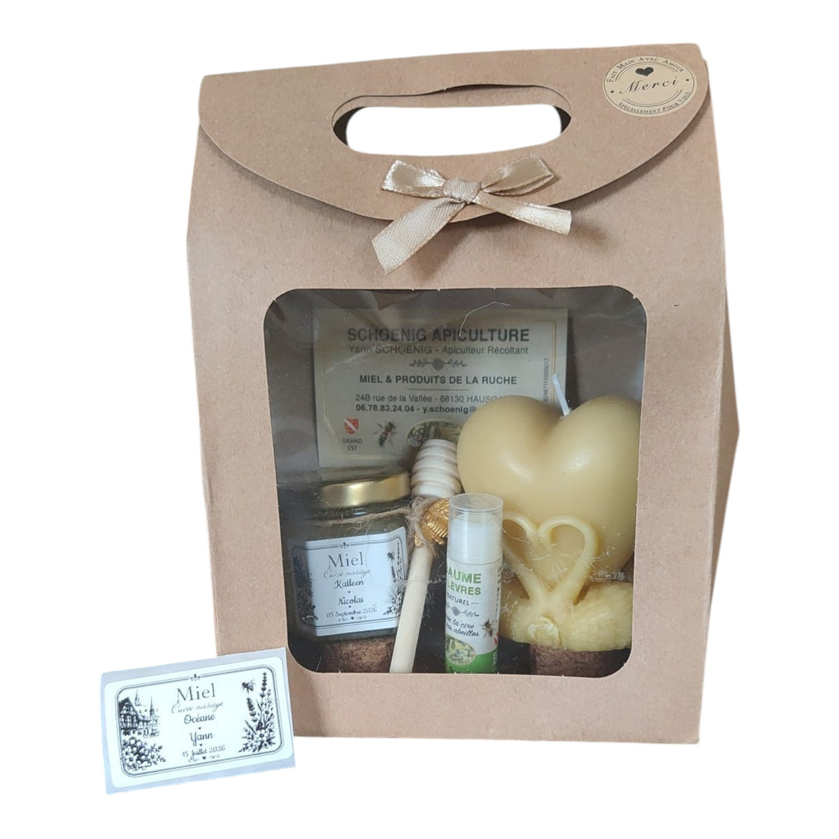 Coffret cadeau invité mariage avec miel artisanal personnalisé, baume à lèvres artisanal à la cire d'abeille et bougie cœur cygne en cire d'abeille, fabrication artisanale.