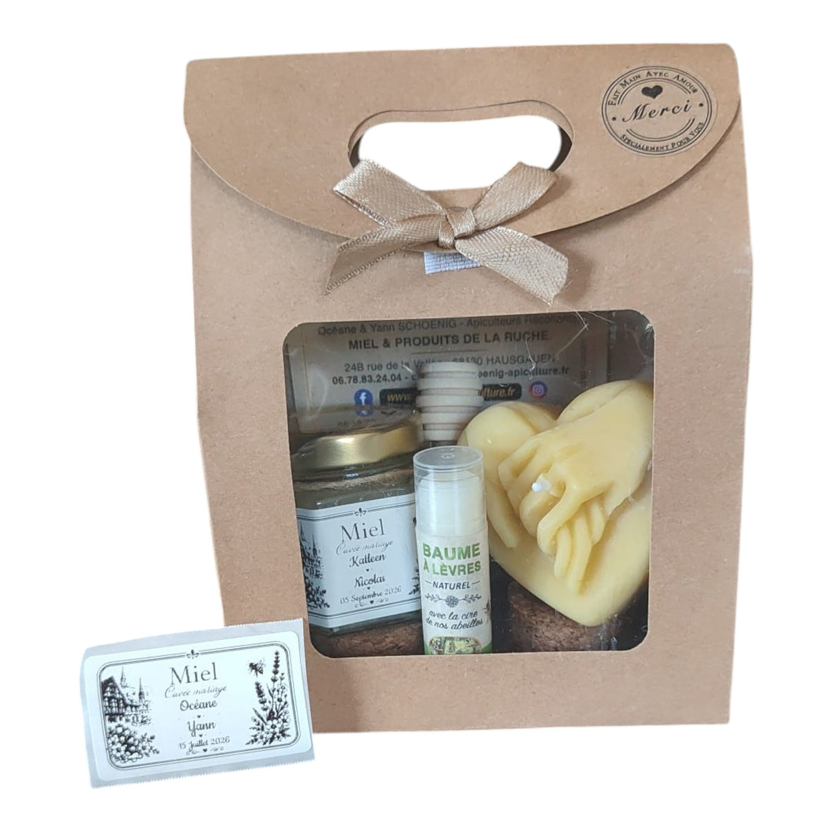 Coffret cadeau invité mariage avec miel personnalisé, baume à lèvres artisanal à la cire d'abeille et bougie mains alliances en cire d'abeille, cadeau fabriqué à la ruche.