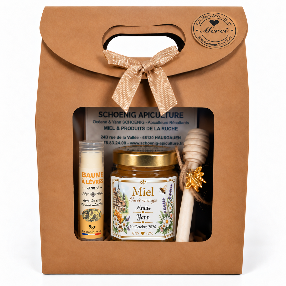 Coffret cadeau invité mariage avec miel personnalisé, baume à lèvres et cuillère à miel