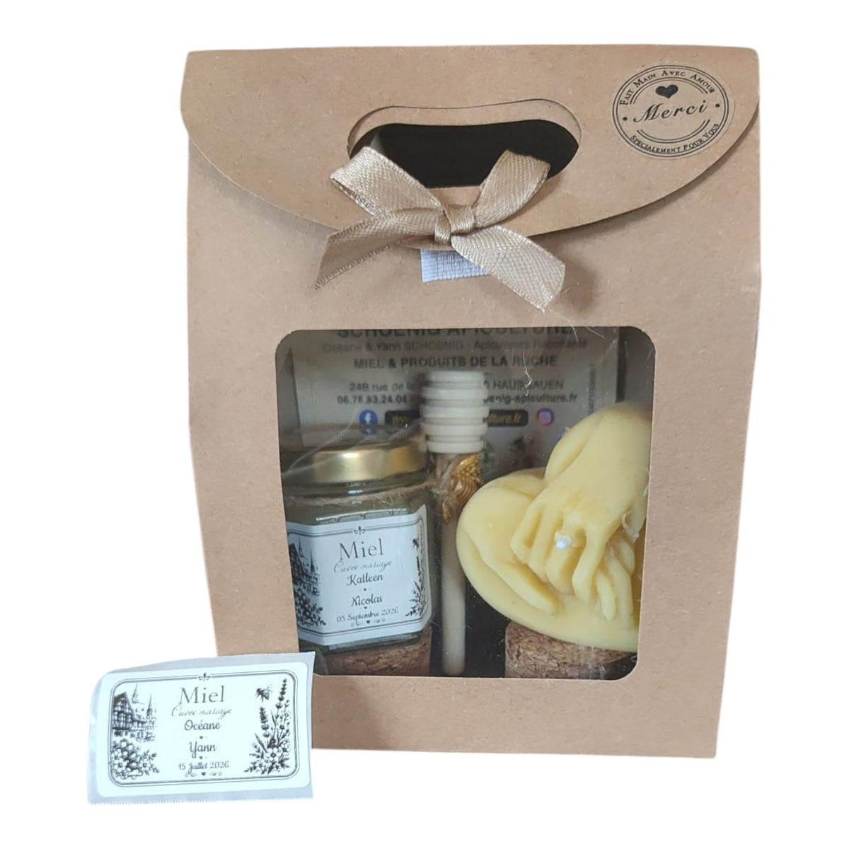 Coffret cadeau invité mariage avec miel personnalisé et bougie mains alliances en cire d'abeille, cadeau artisanal fabriqué à la ruche.