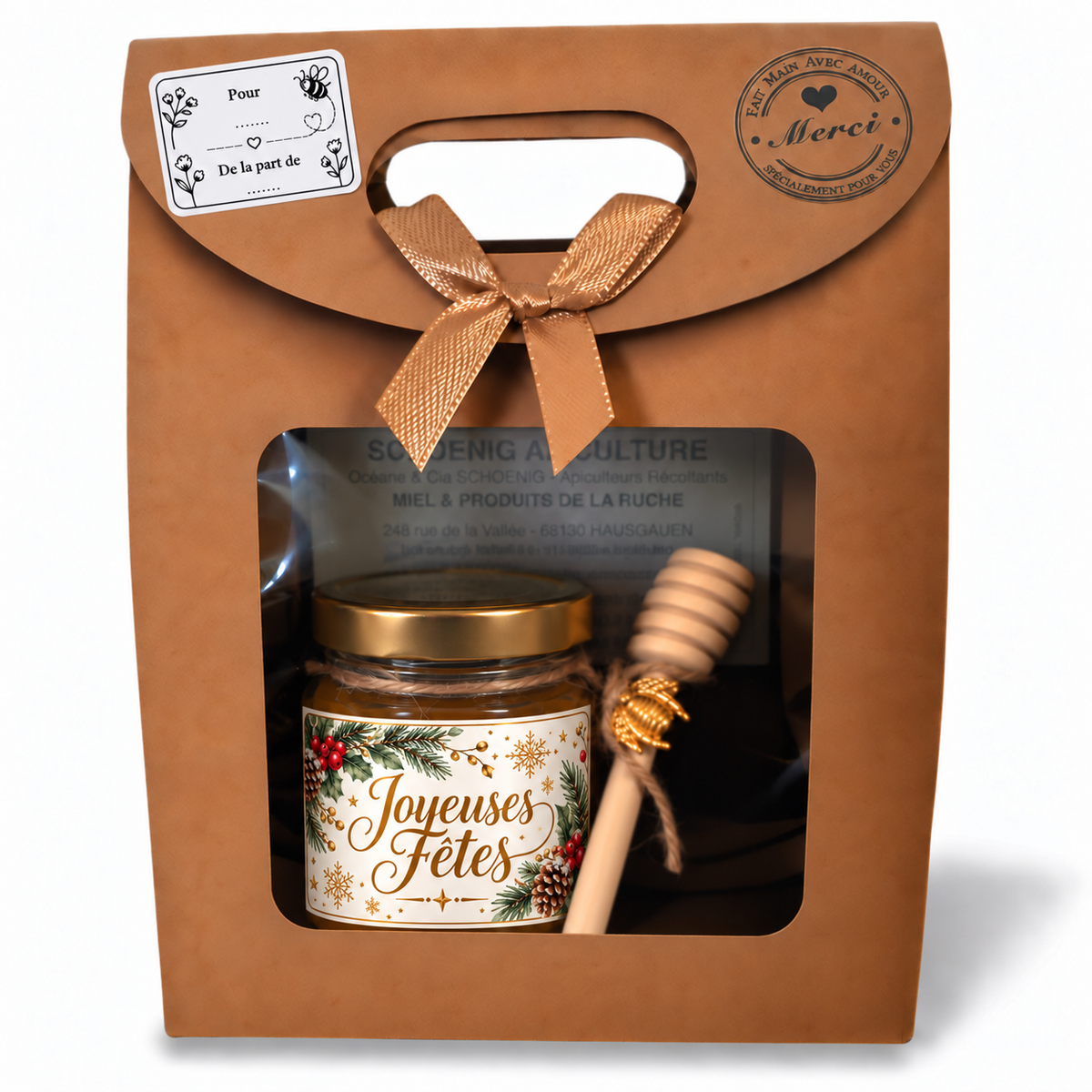 Coffret cadeau Joyeuses Fêtes avec miel artisanal personnalisé et cuillère à miel
