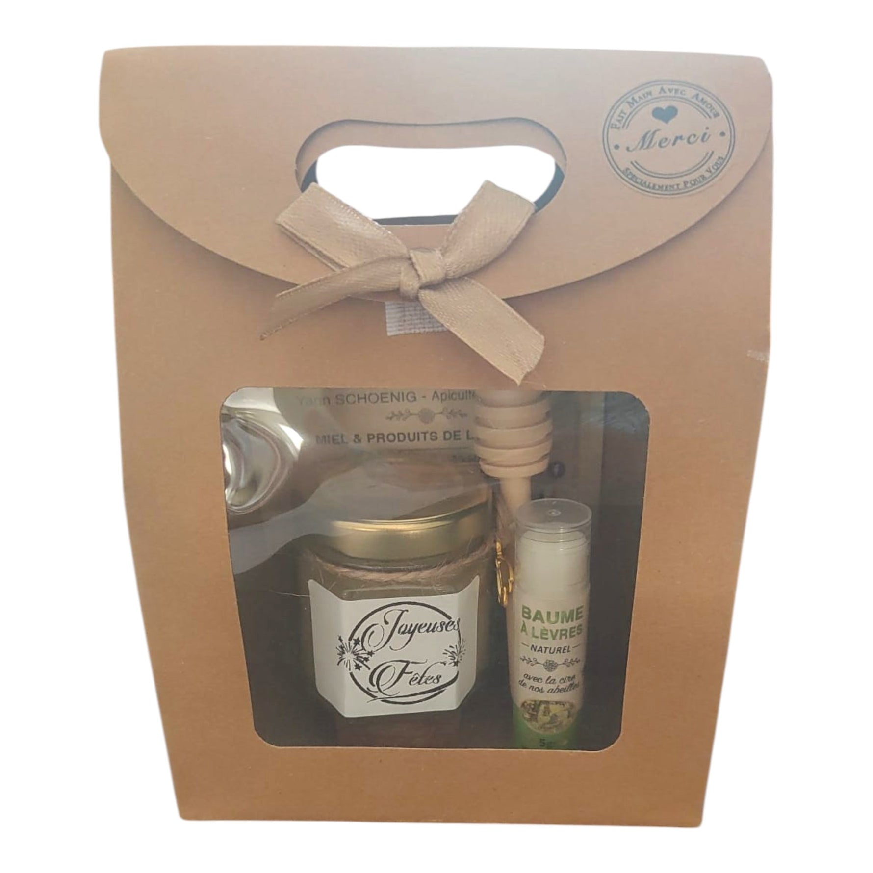 Coffret cadeau Joyeuses Fêtes avec mini pot de miel personnalisé, baume à lèvres artisanal à la cire d'abeille, cuillère à miel en bois et coffret kraft.