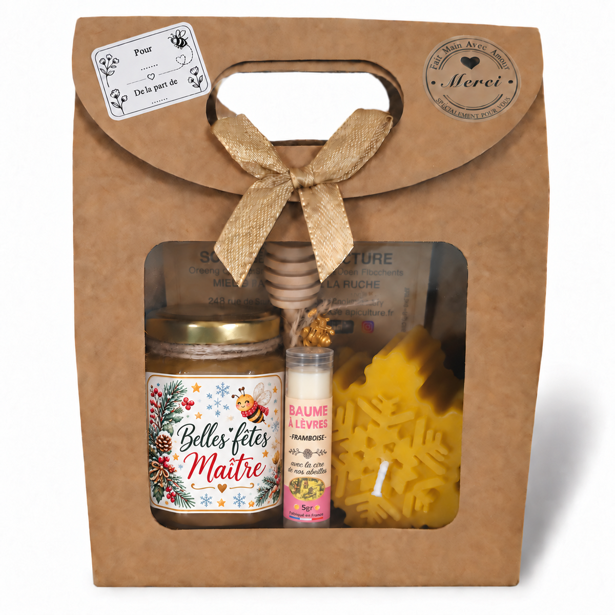 Coffret cadeau de Noël pour maître avec miel Belles Fêtes Maître, baume à lèvres à la cire d’abeille et bougie flocon