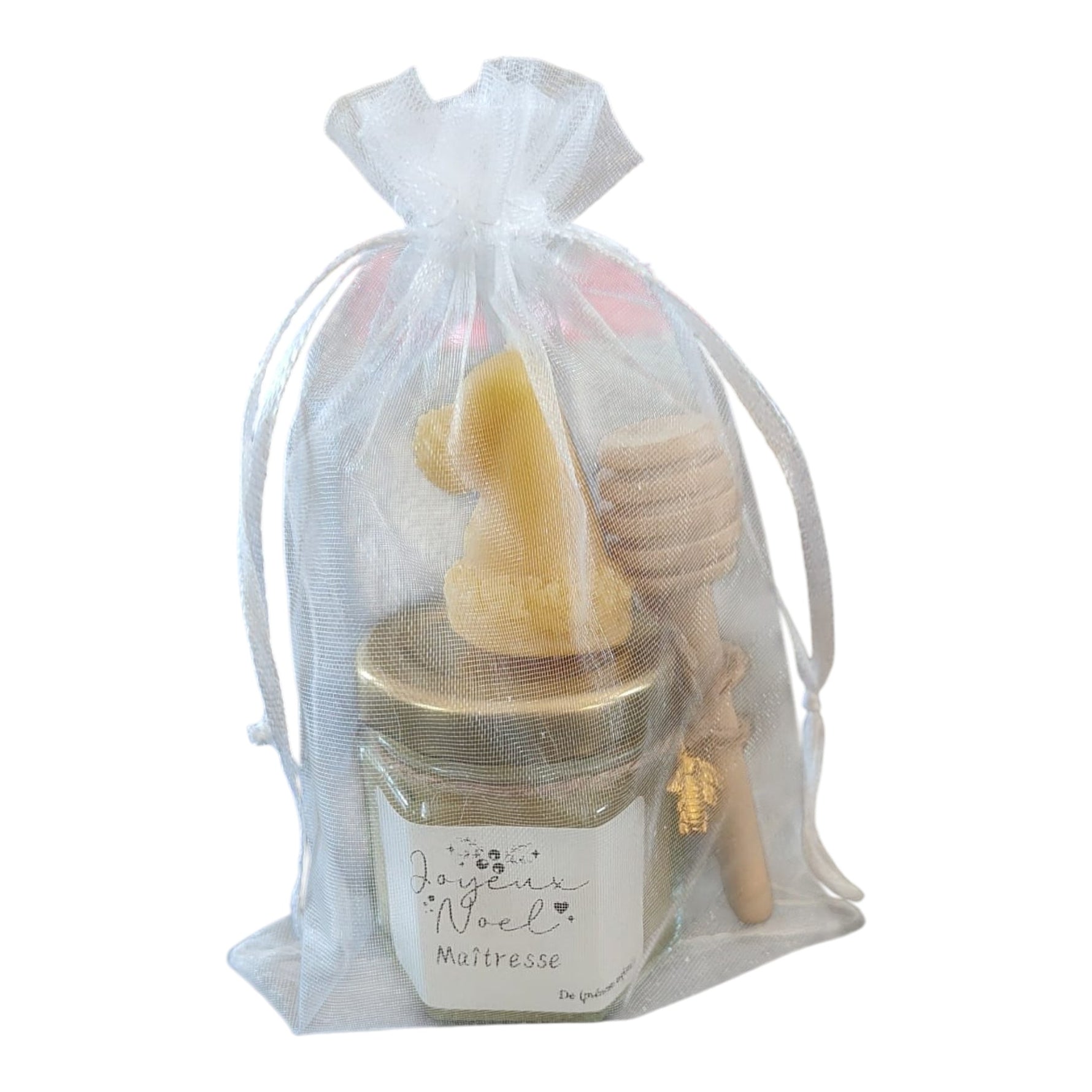 Coffret cadeau Joyeux Noël Maîtresse avec mini pot de miel artisanal, bougie sapin en cire d'abeille, cuillère à miel en bois et breloque abeille, cadeau personnalisé pour maîtresse, ATSEM ou nounou.