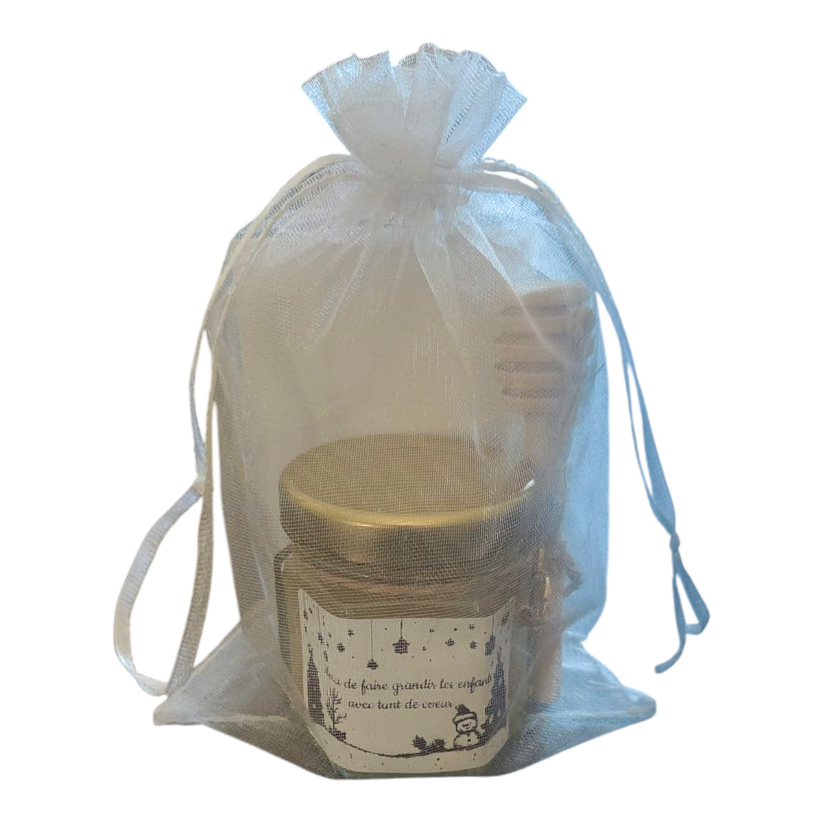 Coffret cadeau personnalisé pour maîtresse avec mini pot de miel artisanal, cuillère à miel en bois, breloque abeille et étiquette « Merci de faire grandir les enfants avec tant de cœur », présenté dans une pochette organza.