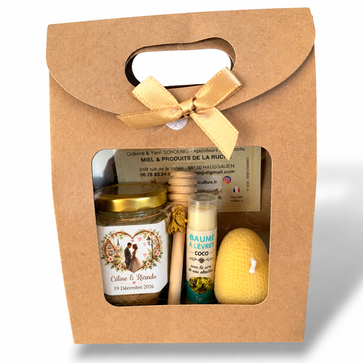 Cadeau invité mariage personnalisé avec miel artisanal français et produits de la ruche dans un coffret kraft
